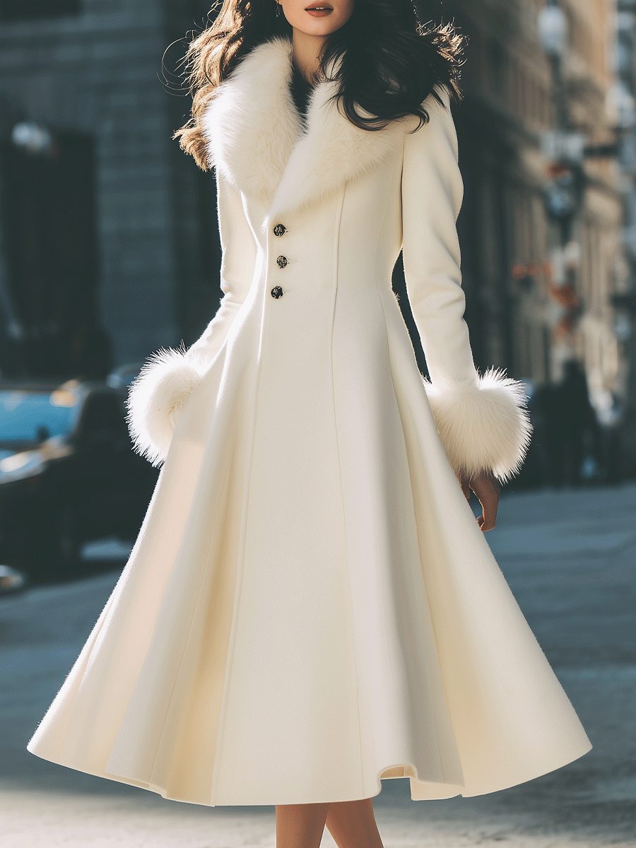 A-Line Flared Coat with Faux Fur Collar and Cuffs for Women in Ivory