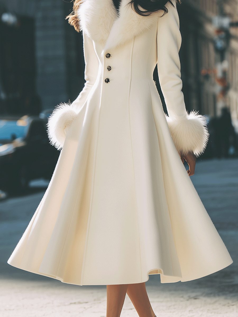 A-Line Flared Coat with Faux Fur Collar and Cuffs for Women