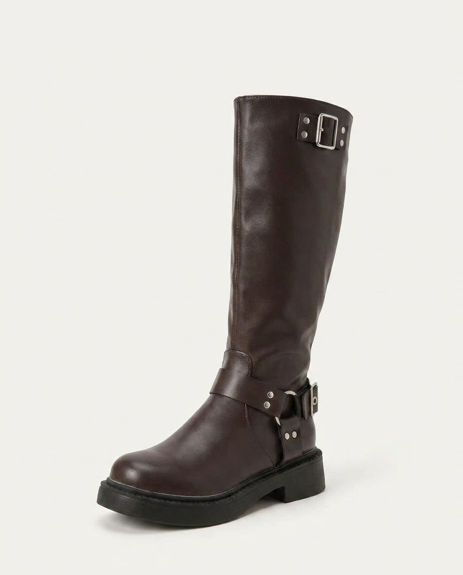 Block Heel Leather-Look Knee High Boots with Buckle Harness for Women