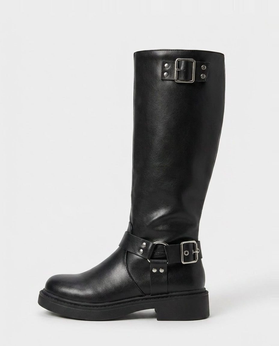 Block Heel Leather-Look Knee High Boots with Buckle Harness for Women in Black