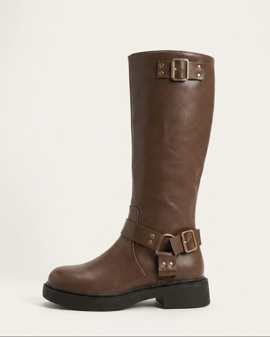 Block Heel Leather-Look Knee High Boots with Buckle Harness for Women in Taupe