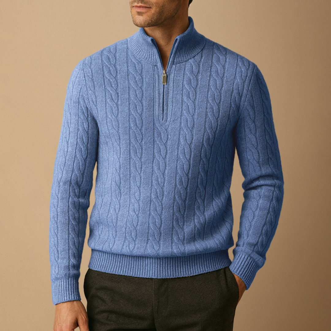 Cable Knit Jumper with Half Zip and Raised Texture for Men in Silver Blue