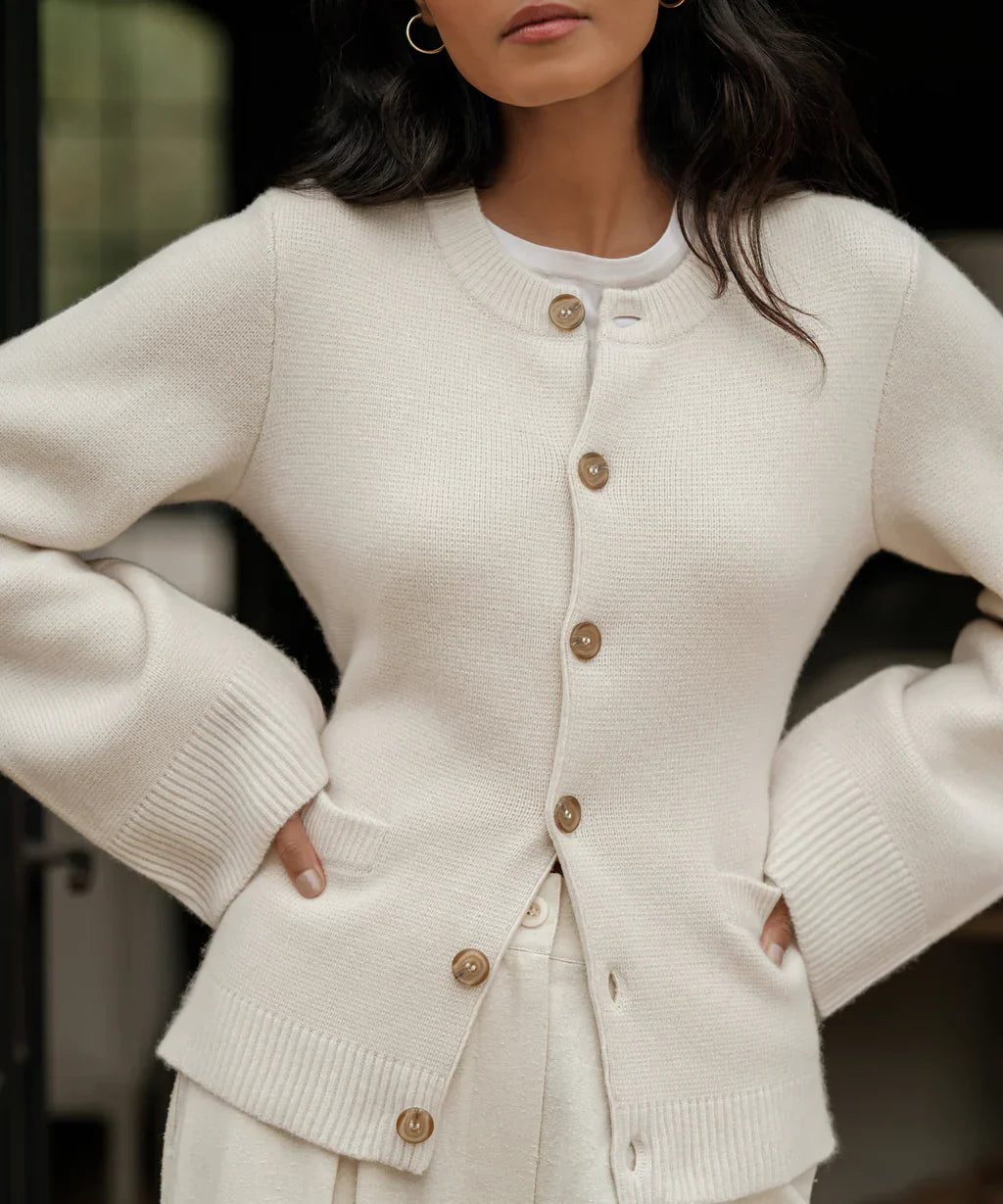 Cardigan with Button-Down Front and Crew Neck for Women in White