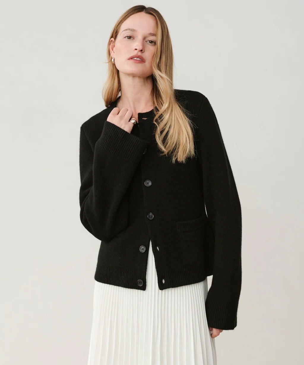 Cardigan with Button-Down Front and Crew Neck for Women in Black