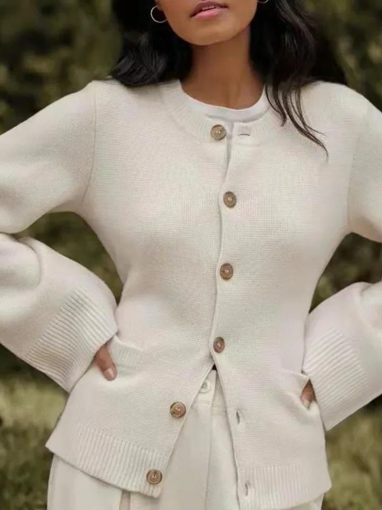 Cardigan with Button Front and Crew Neck for Women in Beige