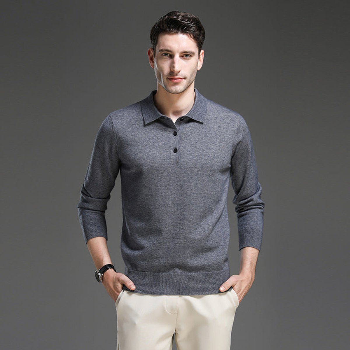 Cashmere-Look Knit Jumper with Polo Neck and Long Sleeves for Men
