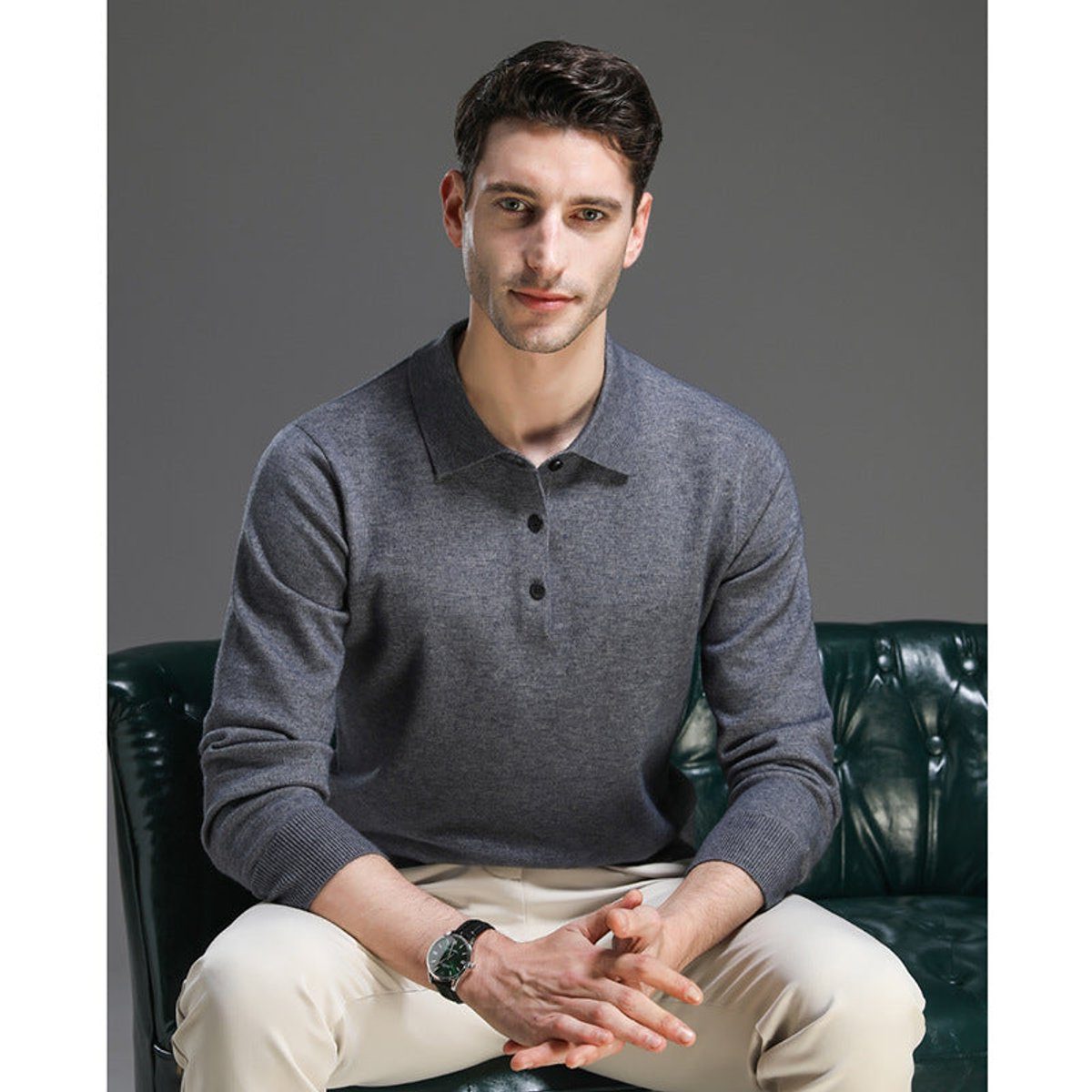 Cashmere-Look Knit Jumper with Polo Neck and Long Sleeves for Men