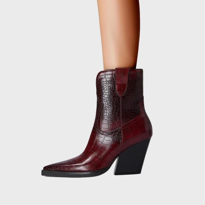 Crocodile Embossed Wedge Boots with Pointed Toe for Women