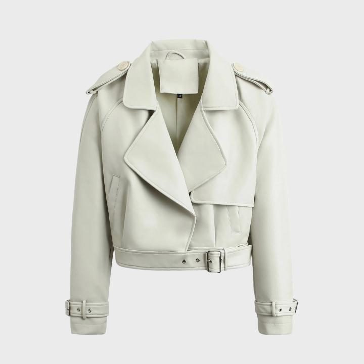 Cropped Biker Jacket with Wide Collar for Women in White