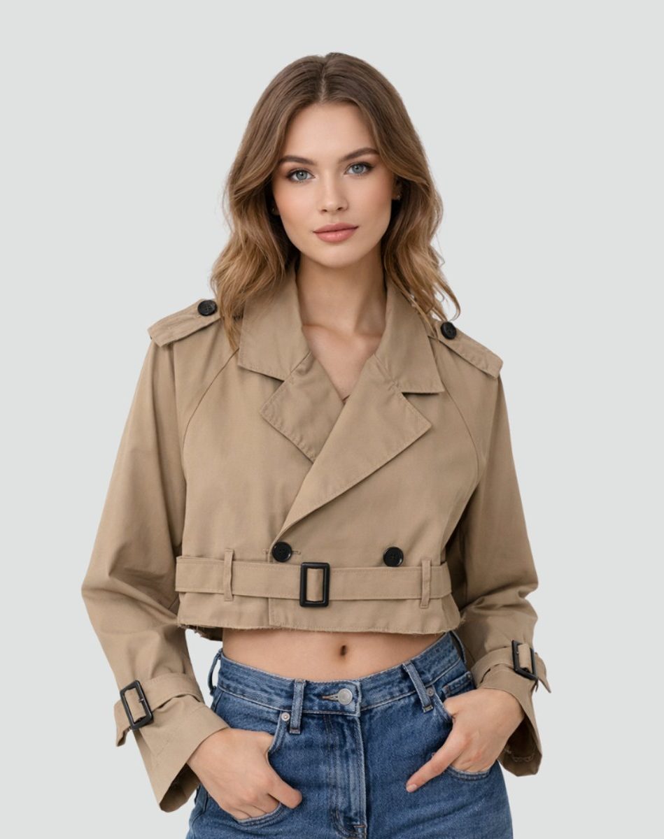 Cropped Double-Breasted Trench Coat with Belt for Women in Brown
