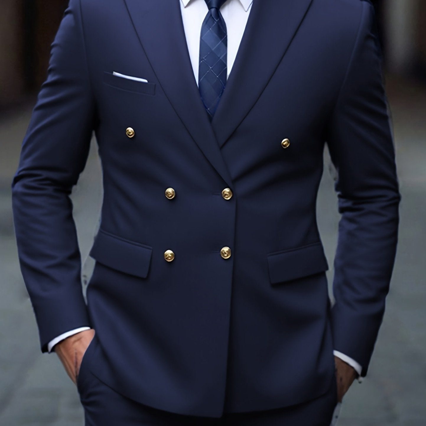 Double-Breasted Six-Button Two-Piece Suit for Men in Navy