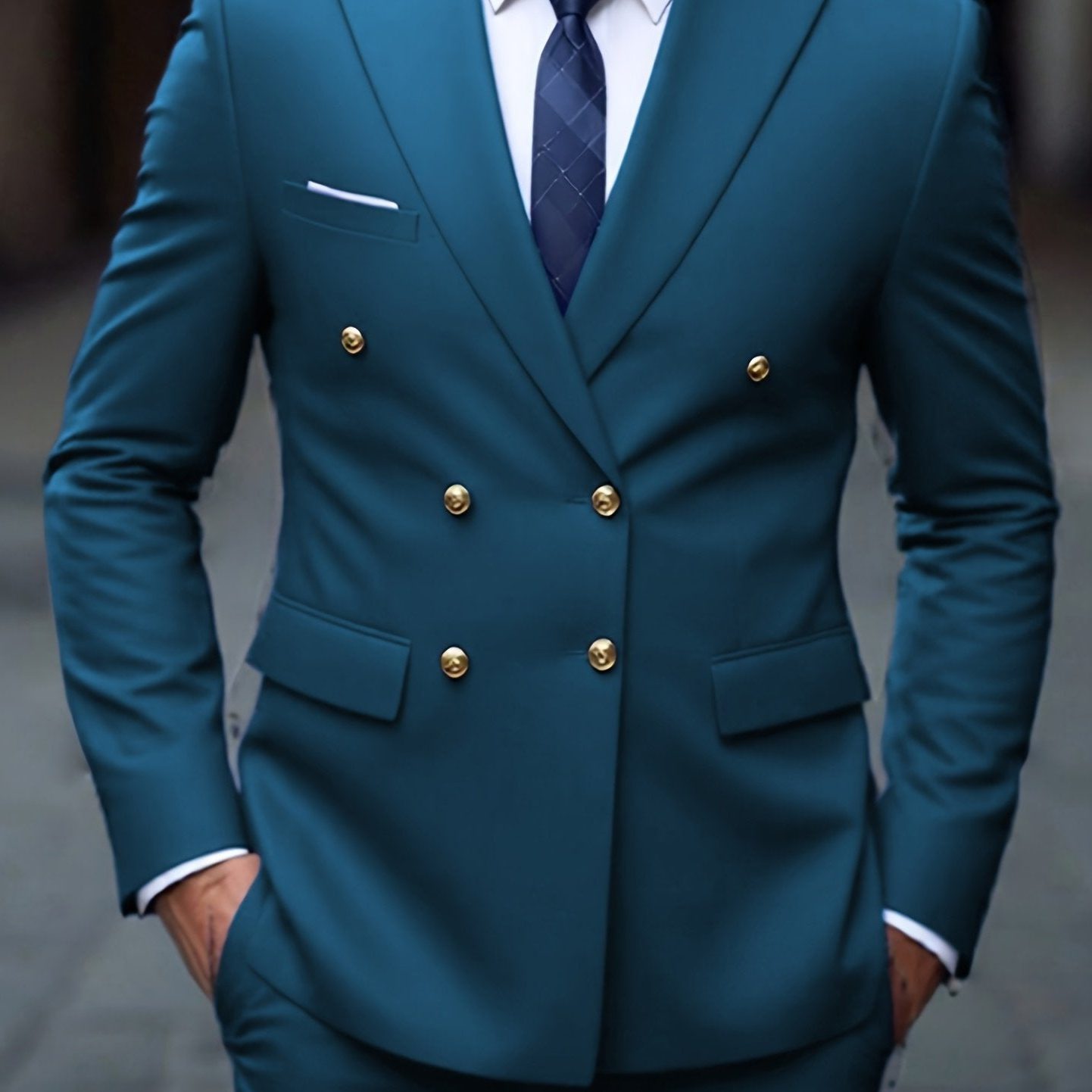 Double-Breasted Six-Button Two-Piece Suit for Men in Lake Blue
