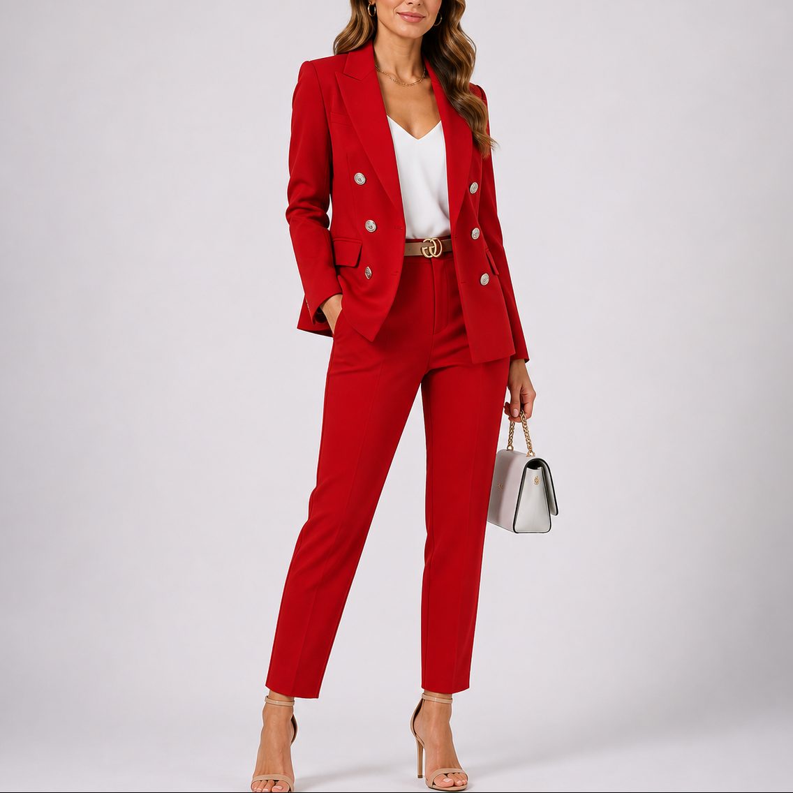 Double-Breasted Tailored Blazer and Ankle Length Trousers Set for Women in Red
