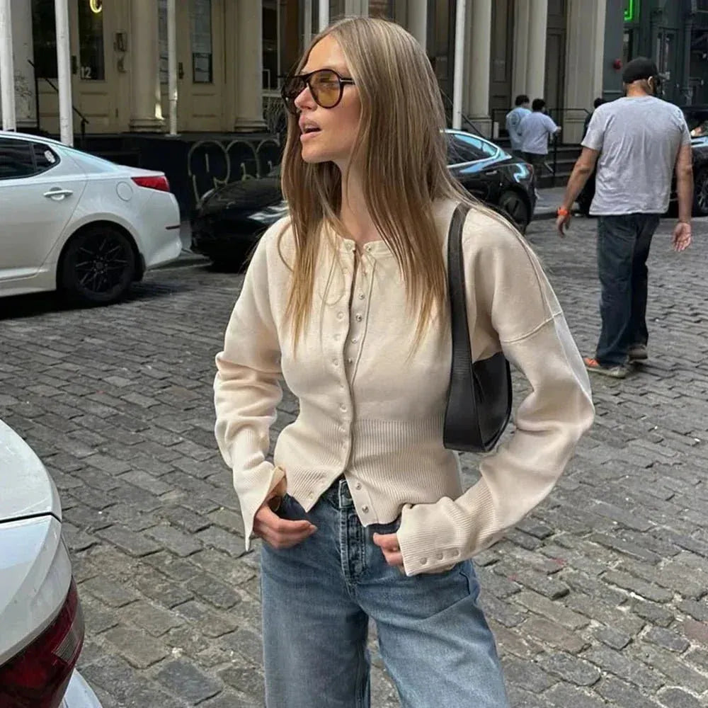 Elegant Crop Ribbed Cardigan with Structured Rib Texture for Women