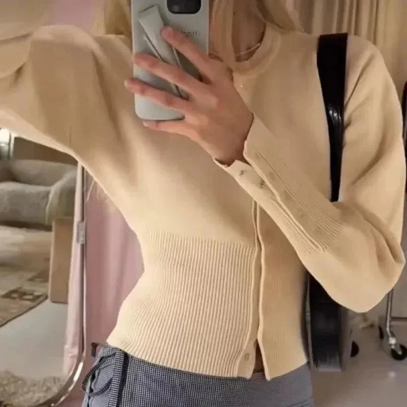 Elegant Crop Ribbed Cardigan with Structured Rib Texture for Women