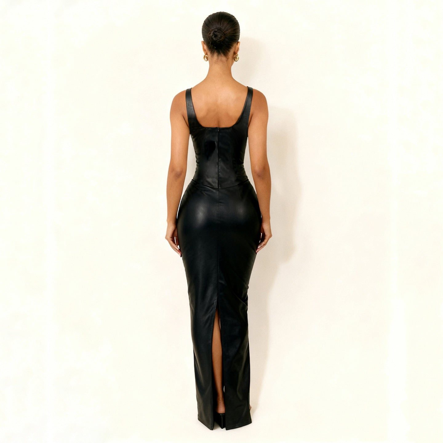 Faux Leather Corset Maxi Dress with Thin Straps for Women