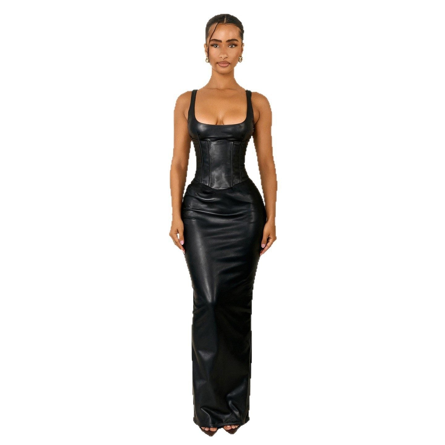 Faux Leather Corset Maxi Dress with Thin Straps for Women