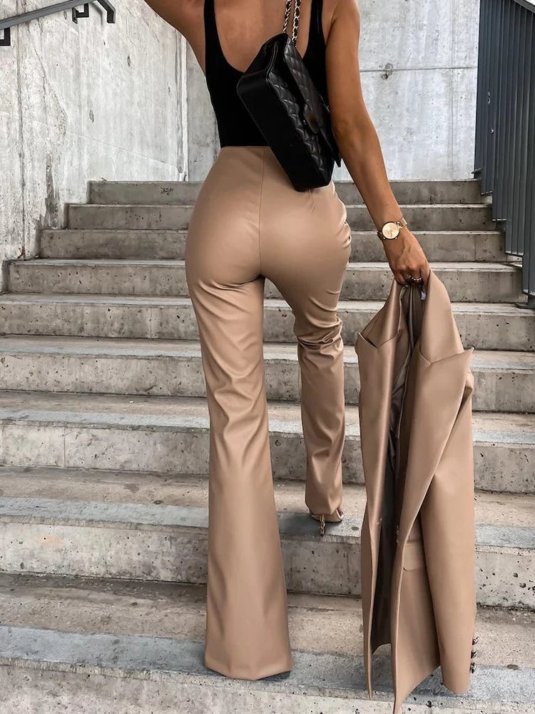 Faux Leather Flare Trousers with High Waist for Women