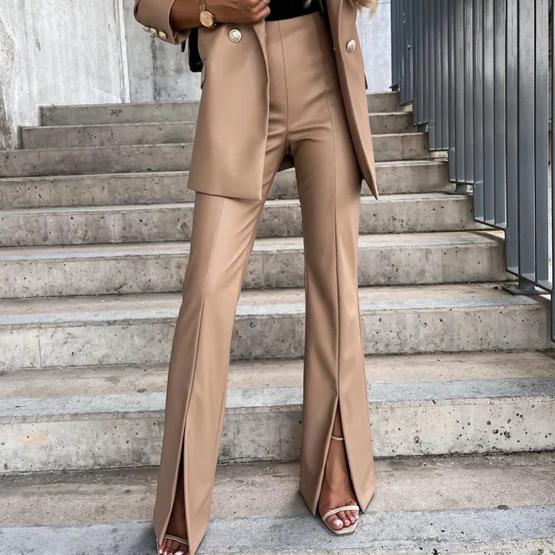 Faux Leather Flare Trousers with High Waist for Women in Khaki