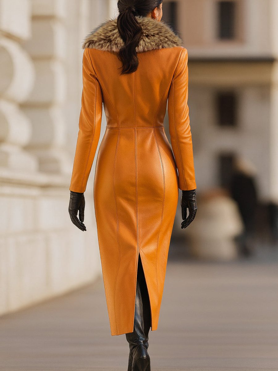 Faux Leather Maxi Dress with Fur Collar, Long Sleeves and Belt for Women