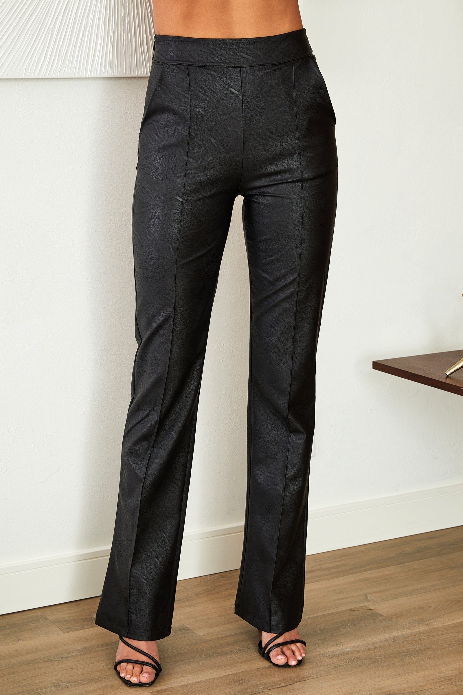 Faux Leather Straight Leg Trousers with High Waist for Women