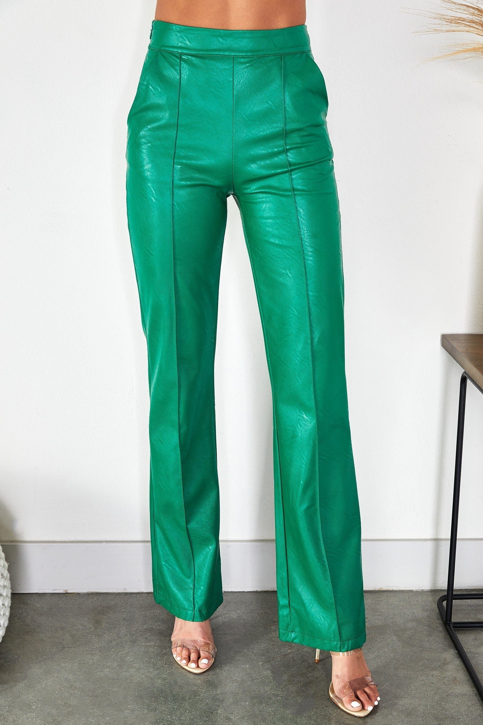 Faux Leather Straight Leg Trousers with High Waist for Women in Kelly Green