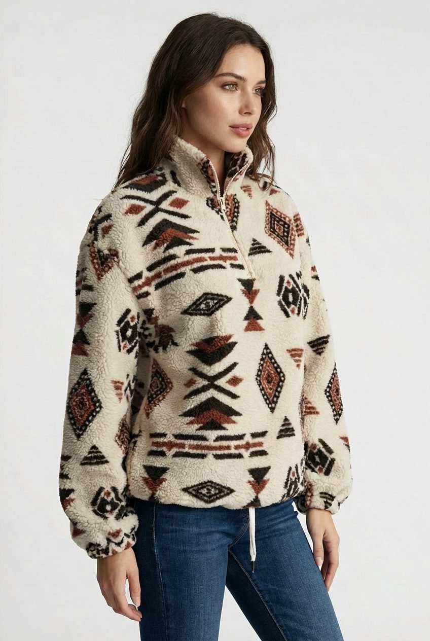Geometric Fleece Sweatshirt with Zip for Women