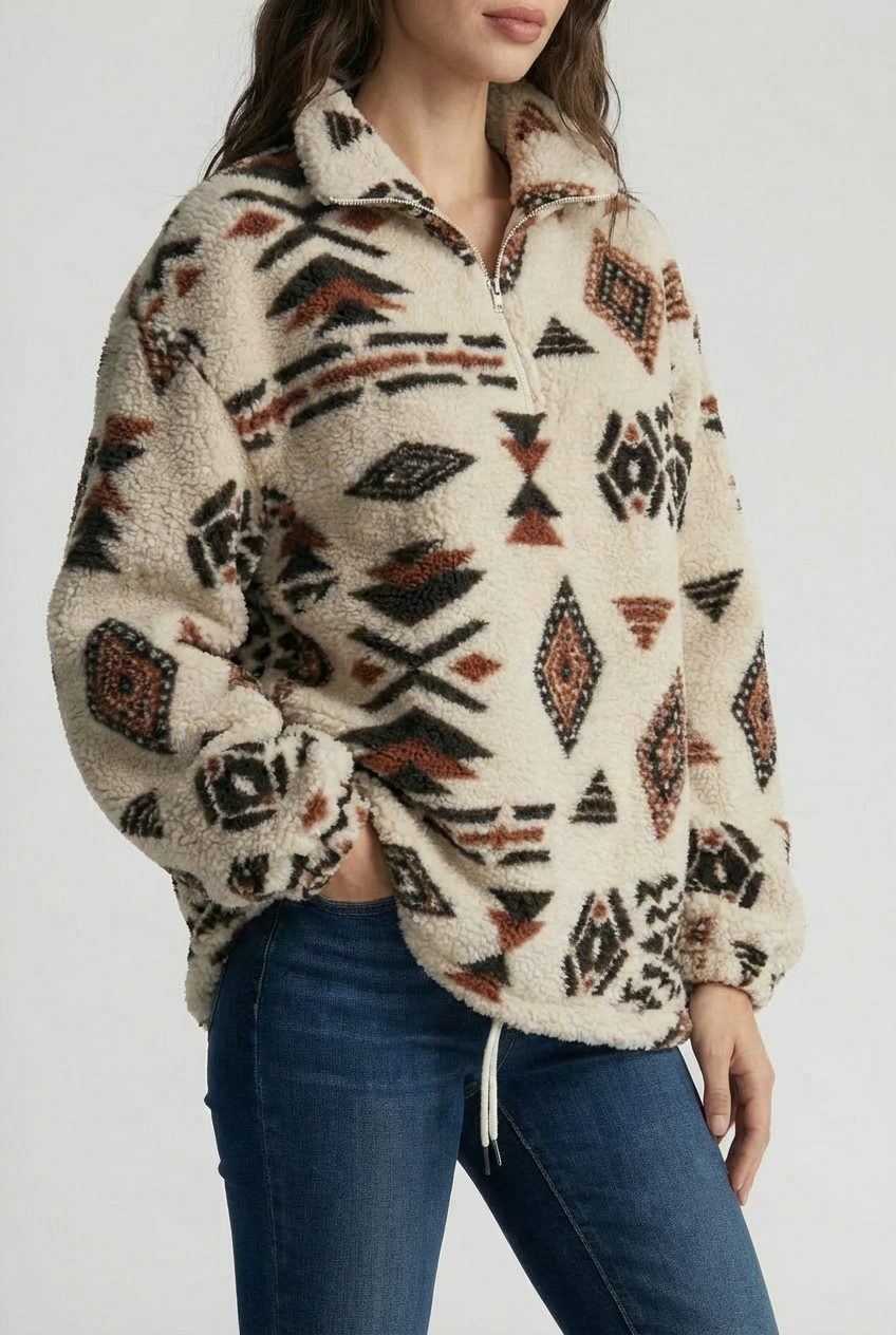 Geometric Fleece Sweatshirt with Zip for Women