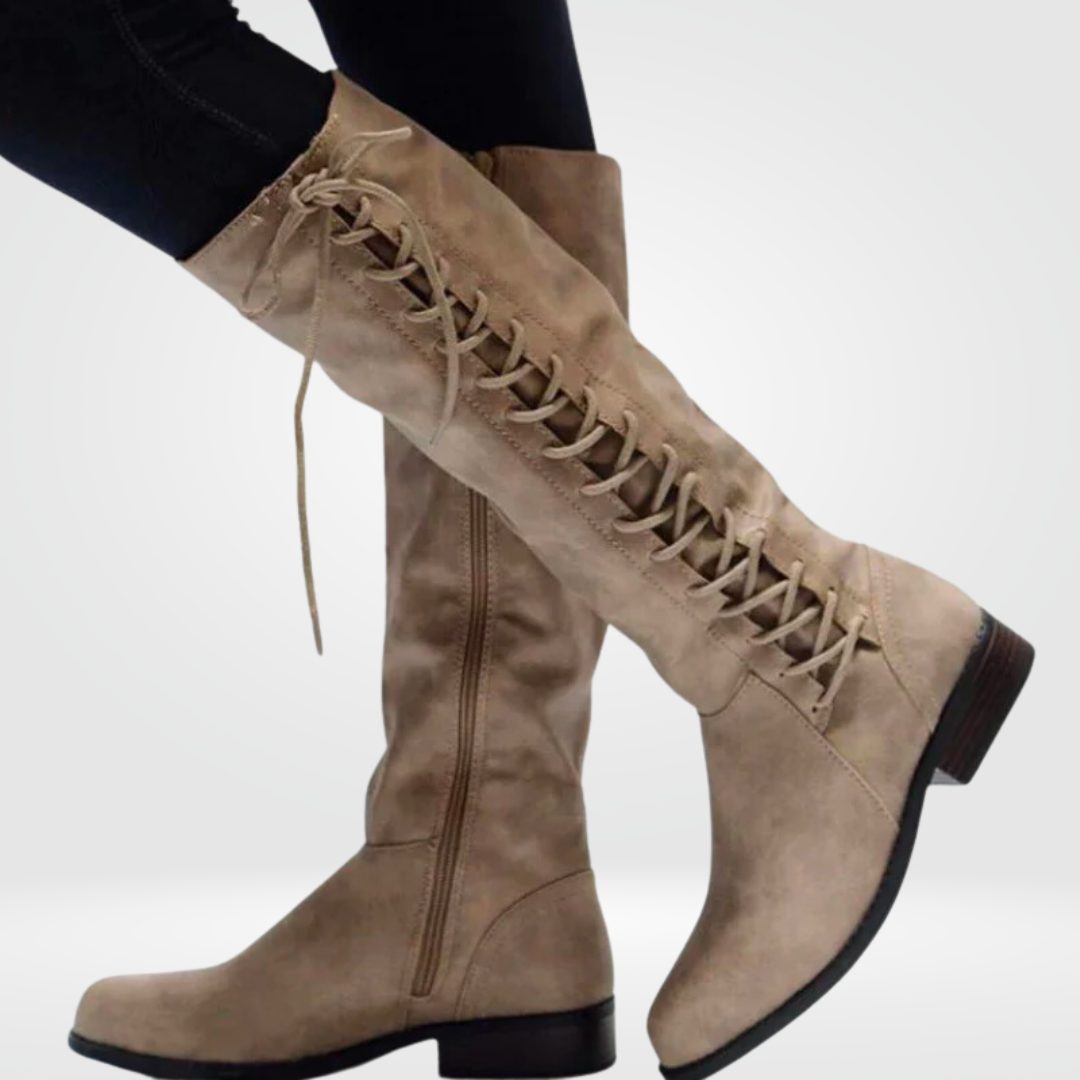 Knee-High Boots with Lace-Up Front for Women with Side Zip Closure in Beige