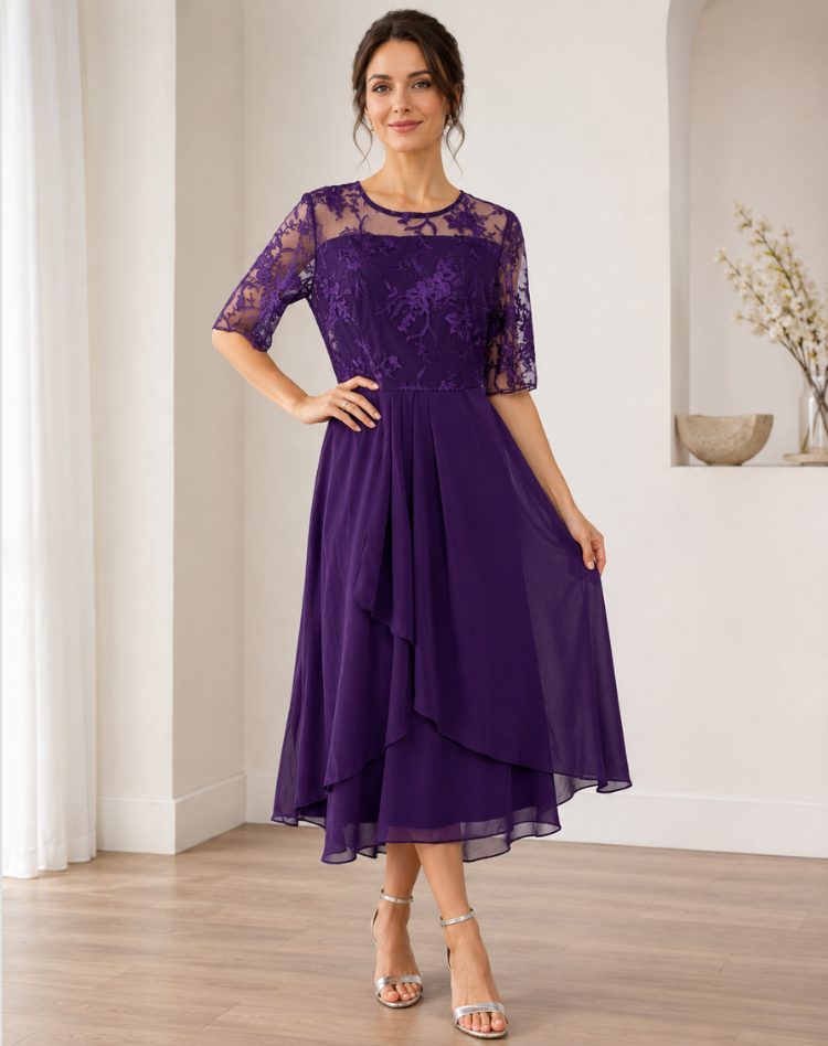 Lace Autumn Wedding Guest Midi Dress with Three-Quarter Sleeves for Women