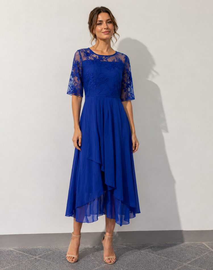 Lace Autumn Wedding Guest Midi Dress with Three-Quarter Sleeves for Women in Blue