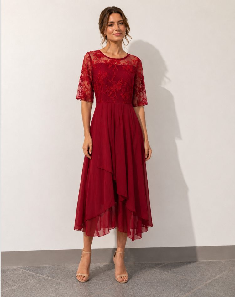 Lace Autumn Wedding Guest Midi Dress with Three-Quarter Sleeves for Women in Red