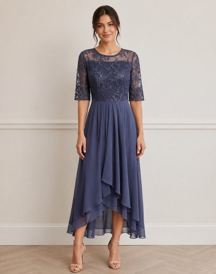 Lace Autumn Wedding Guest Midi Dress with Three-Quarter Sleeves for Women in Slate Blue