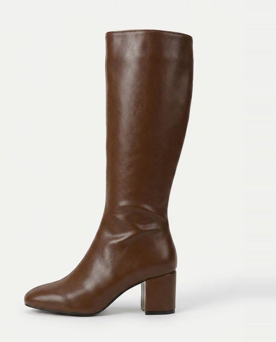 Leather-Look Block Heel Knee High Boots for Women in Brown