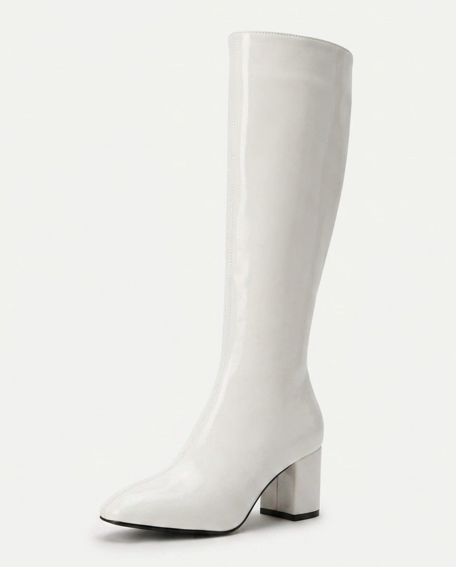 Leather-Look Block Heel Knee High Boots for Women