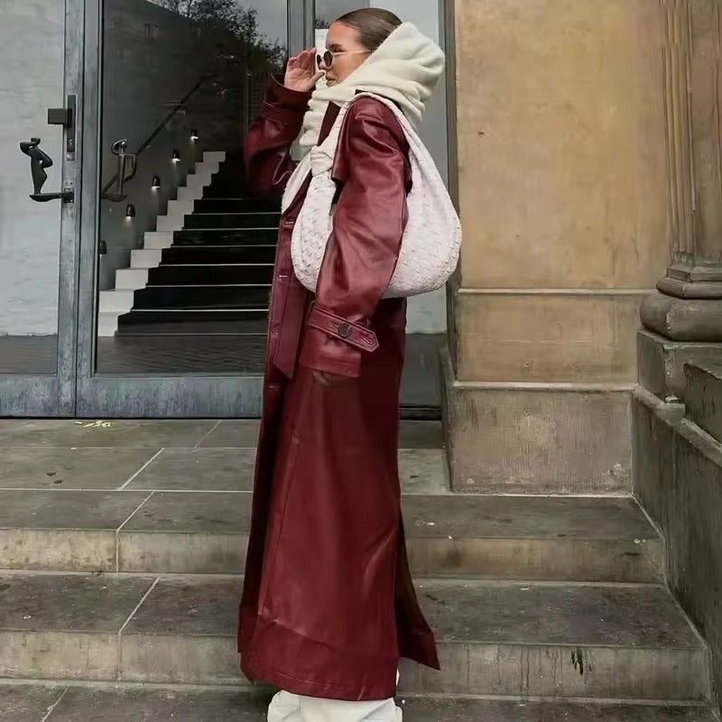 Leather-Look Double-Breasted Longline Trench Coat for Women