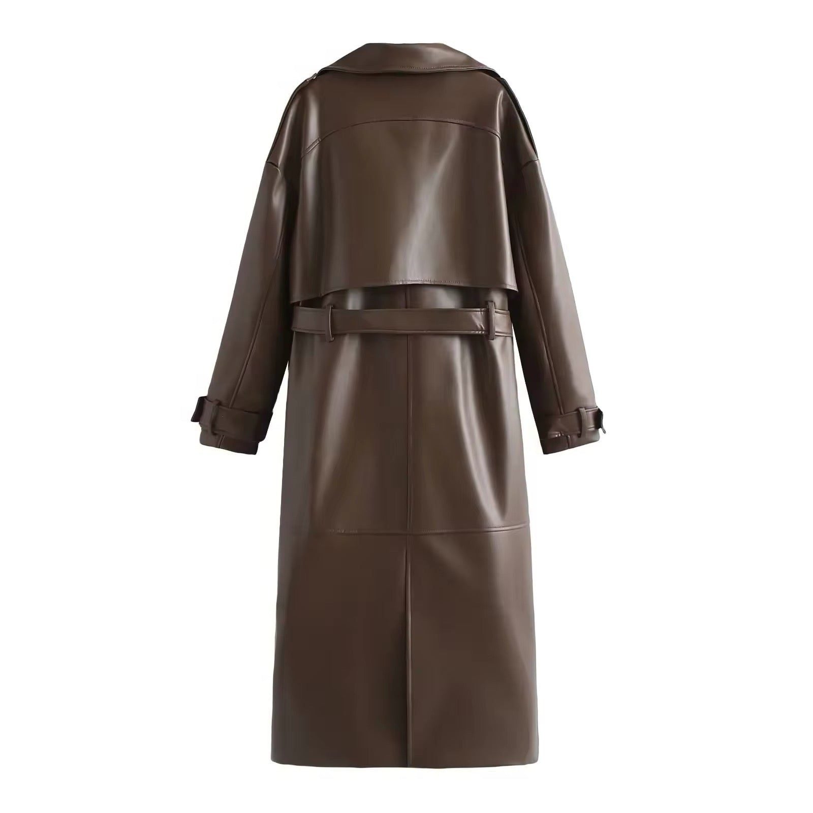 Leather-Look Double-Breasted Longline Trench Coat for Women