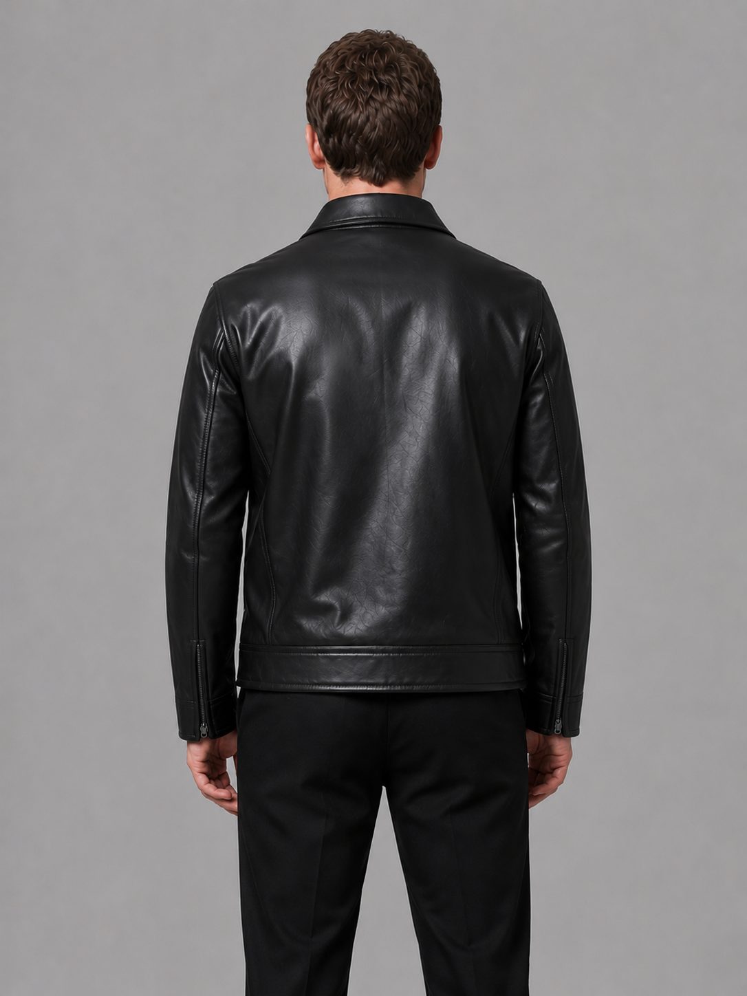 Leather-Look Jacket with Zip Pockets and Full Zip Front for Men