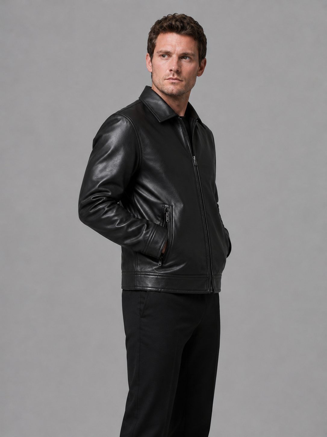 Leather-Look Jacket with Zip Pockets and Full Zip Front for Men