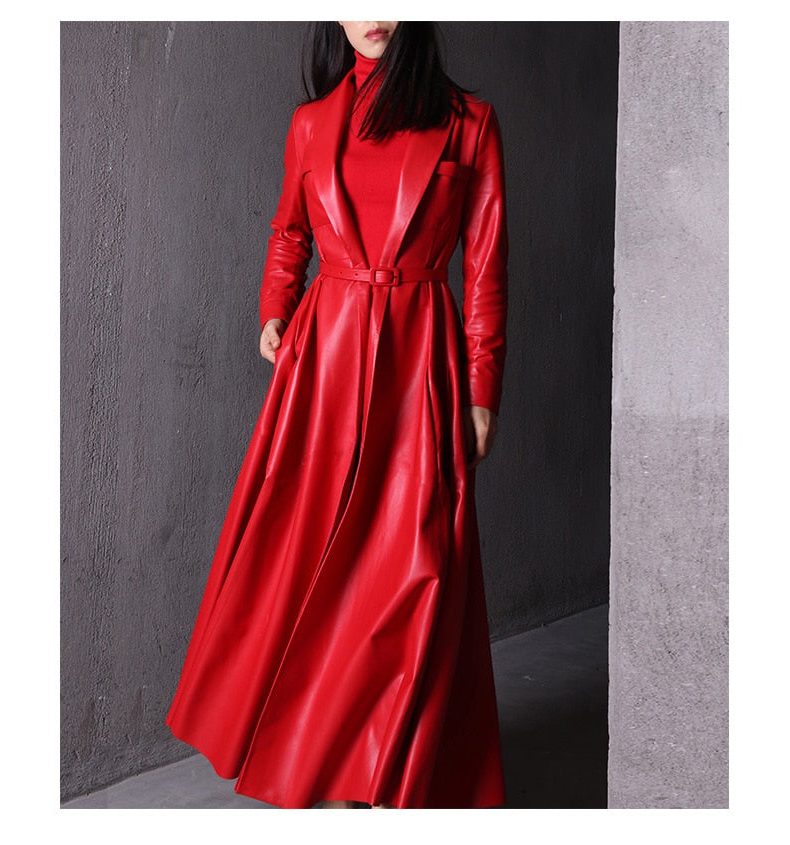 Leather-Look Long Double-Breasted Trench Coat for Women in Red