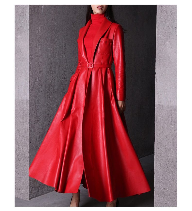 Leather-Look Long Double-Breasted Trench Coat for Women