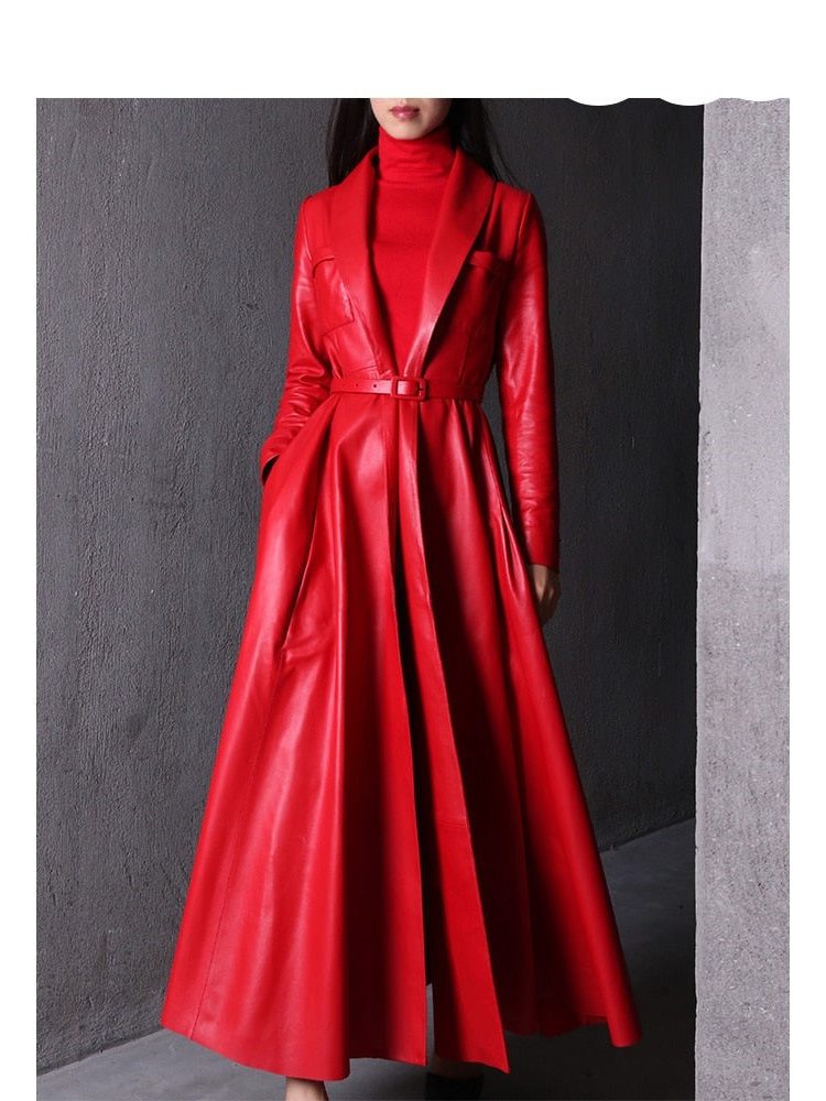 Leather-Look Long Double-Breasted Trench Coat for Women