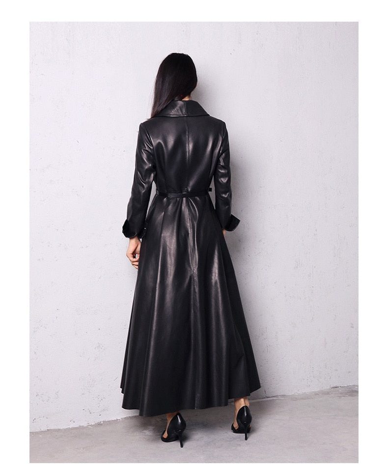 Leather-Look Long Double-Breasted Trench Coat for Women