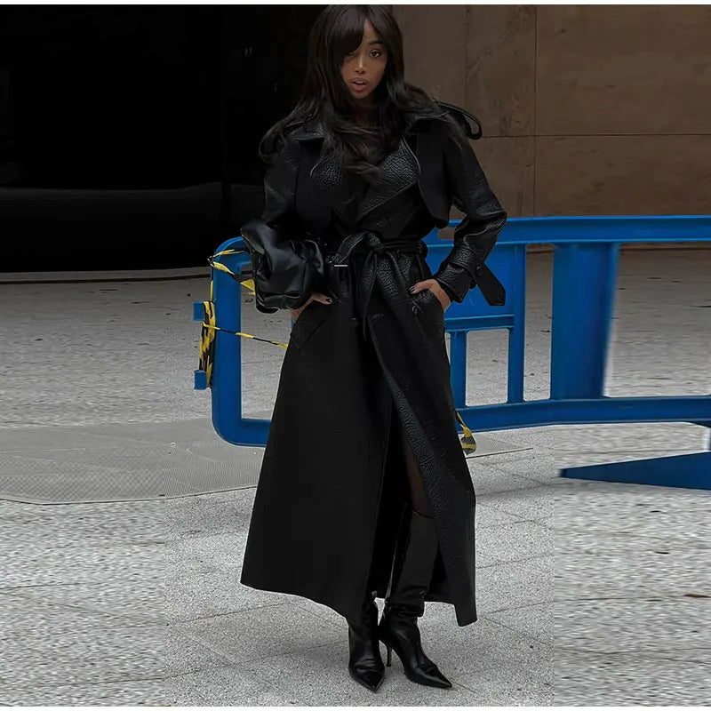 Leather-Look Trench Coat with Belt and Stand Collar for Women
