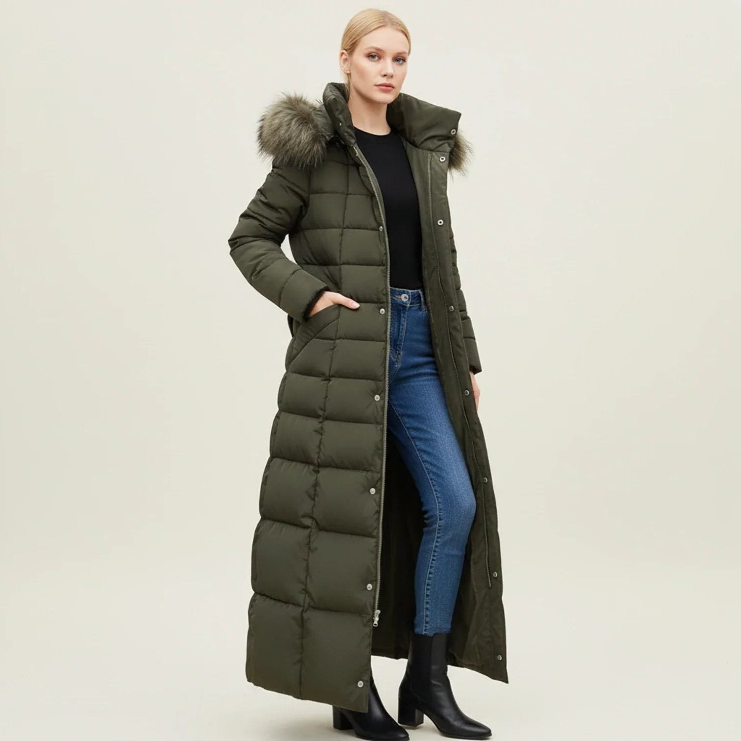 Long Quilted Parka Jacket with Fur Collar for Women in Army Green