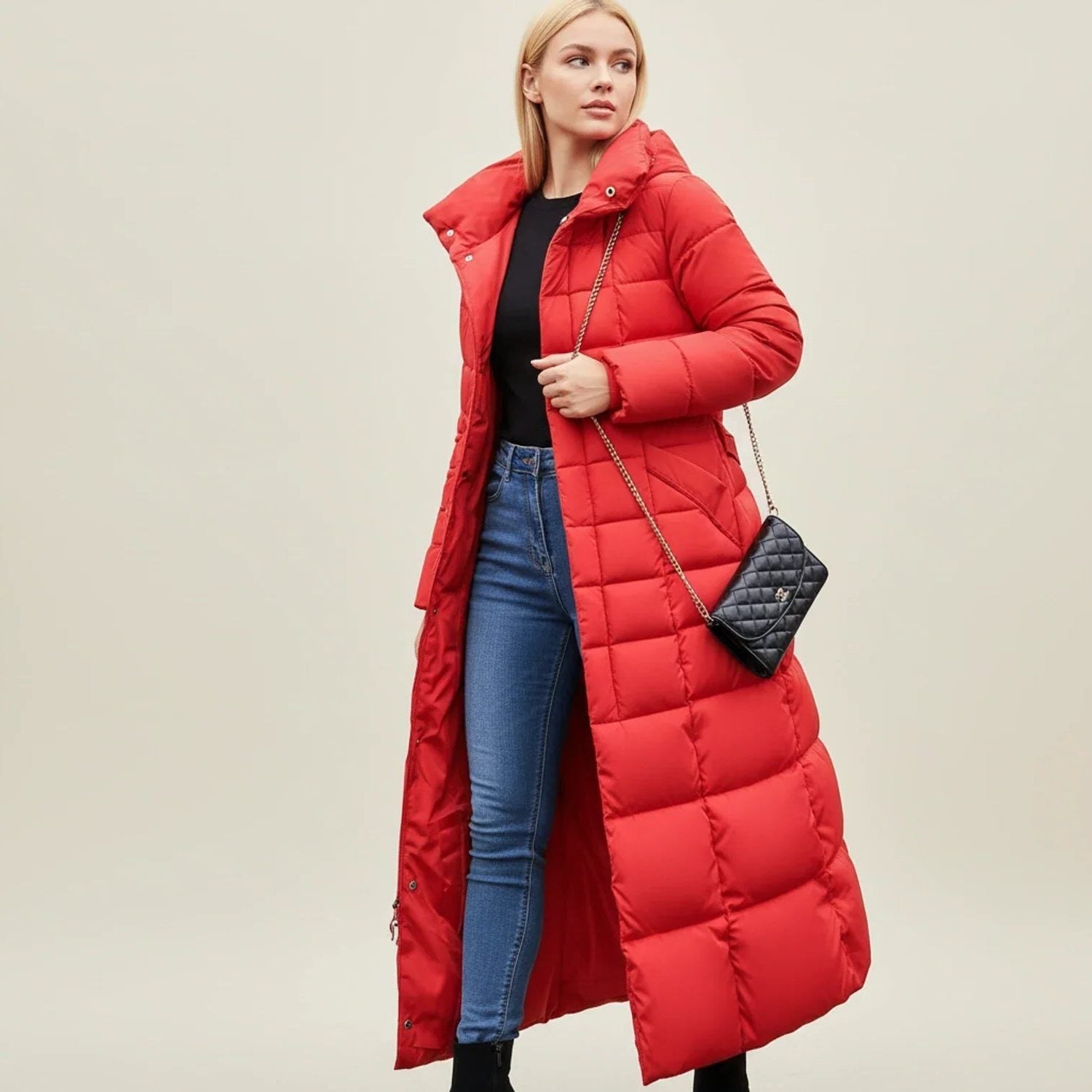 Long Quilted Parka Jacket with Fur Collar for Women in Red