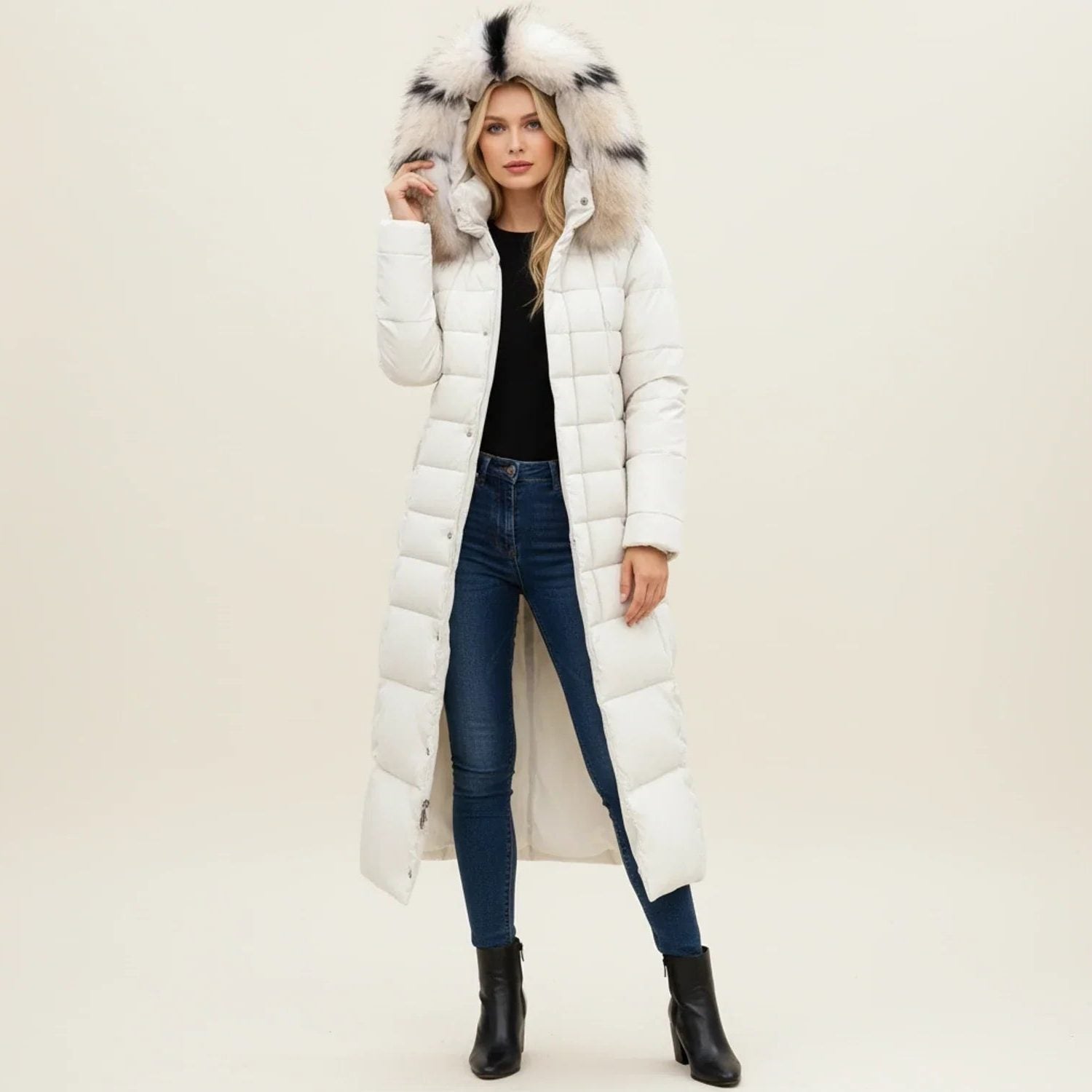 Long Quilted Parka Jacket with Fur Collar for Women in Off White