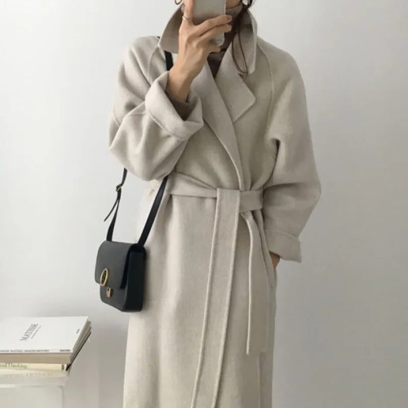 Long Wool-Look Coat with Belt and Notched Collar for Women in White