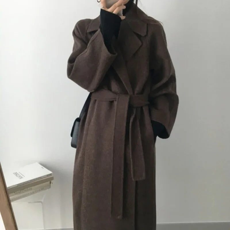 Long Wool-Look Coat with Belt and Notched Collar for Women in Brown