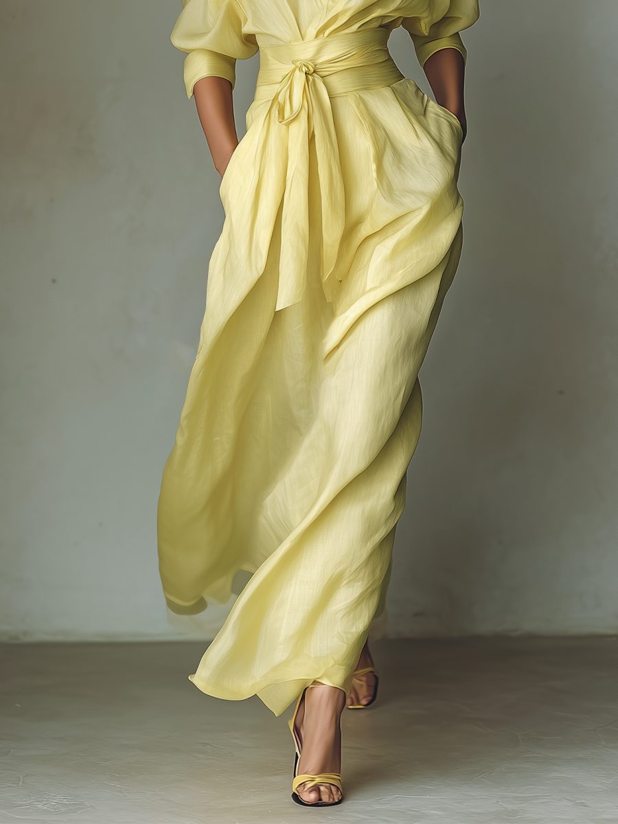 Maxi Shirt Dress with Tie Waist and Half Sleeves for Women